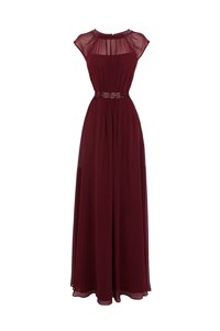 Ideal Scoop Beading Prom Evening Gown Burgundy Zipper Cap Sleeves Floor Length