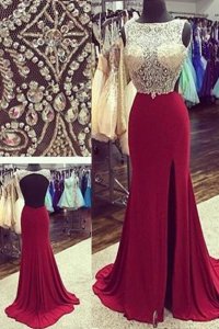 Fantastic Bateau Sleeveless Evening Dress Brush Train Beading Burgundy Chiffon