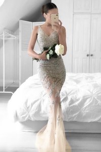 Mermaid Champagne Sleeveless Beading and Lace Zipper Prom Gown
