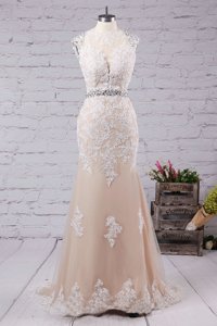 New Style Mermaid Scoop Champagne Tulle Backless Dress for Prom Sleeveless With Train Sweep Train Beading and Appliques