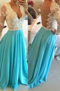 Enchanting A-line Evening Party Dresses Baby Blue V-neck Chiffon Long Sleeves Floor Length Backless