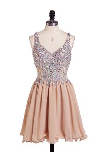 Inexpensive Knee Length Peach Cocktail Dresses Chiffon Sleeveless Beading