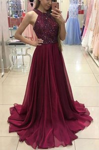 Discount Burgundy A-line Halter Top Sleeveless Chiffon Sweep Train Zipper Beading Dress for Prom