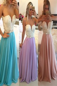 Blue Chiffon Clasp Handle Sweetheart Sleeveless Floor Length Prom Gown Beading