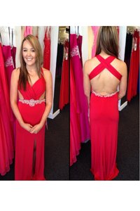 Discount Sleeveless Chiffon Floor Length Criss Cross Formal Evening Gowns in Red for with Beading