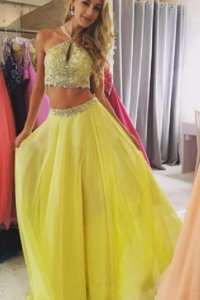 Yellow Zipper Halter Top Beading Evening Dress Chiffon Sleeveless