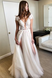 Hot Sale White Prom Dress Prom and Party and For with Lace V-neck Cap Sleeves Lace Up