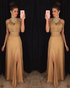 Scoop Gold Sleeveless Beading Floor Length Prom Evening Gown