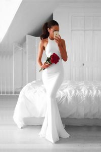 White Mermaid Ruching Dress for Prom Backless Chiffon Sleeveless