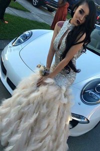 Luxury Mermaid High-neck Sleeveless Zipper Prom Gown Champagne Sequined