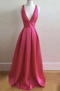 Hot Pink A-line Satin V-neck Sleeveless Pleated Floor Length Criss Cross Homecoming Dress