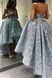 Traditional Grey A-line Lace Prom Gown Backless Lace Sleeveless High Low