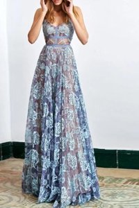 Dramatic Blue Sleeveless Floor Length Lace Backless Evening Wear