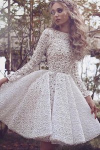 Deluxe White Lace Lace Up Bateau Long Sleeves Mini Length Evening Dress Lace