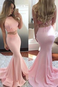 Mermaid Elastic Woven Satin Scoop Sleeveless Sweep Train Backless Lace Prom Dress in Pink