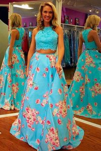 Sexy Halter Top Aqua Blue Zipper Evening Party Dresses Lace and Embroidery Sleeveless Sweep Train
