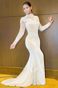 Unique Mermaid High-neck Long Sleeves Mother Of The Bride Dress Sweep Train Beading White Tulle