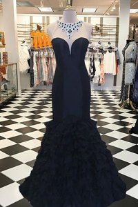 Mermaid Scoop Black Sleeveless Elastic Woven Satin Sweep Train Side Zipper Prom Gown for Prom