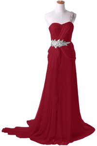 Custom Fit Watteau Train A-line Evening Dress Burgundy One Shoulder Chiffon Sleeveless With Train Zipper