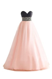 Lovely Pink And Black Organza Lace Up Sweetheart Sleeveless Floor Length Cocktail Dresses Beading