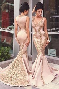 Mermaid Scoop Sleeveless Sweep Train Beading and Appliques Zipper