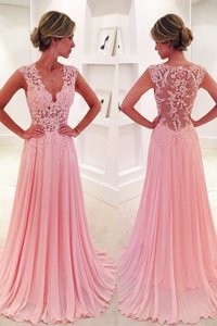 Simple Pink Chiffon Side Zipper Going Out Dresses Sleeveless Sweep Train Lace