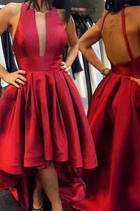 Dynamic Scoop Red A-line Pleated Prom Evening Gown Zipper Satin Sleeveless Asymmetrical