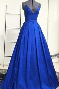 Elegant Royal Blue Prom Dress Prom and For with Ruching Spaghetti Straps Sleeveless Sweep Train Criss Cross
