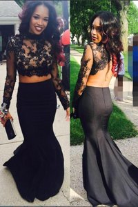 New Arrival Mermaid Scoop Satin Long Sleeves Prom Gown Sweep Train and Appliques