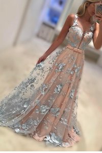 Lace With Train Peach Prom Evening Gown Bateau Sleeveless Sweep Train Zipper