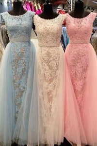 Light Blue Prom Party Dress Prom and For with Beading and Lace Scoop Sleeveless Sweep Train Zipper