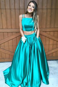 Dramatic Sleeveless Ruching Zipper Evening Dress with Green Sweep Train