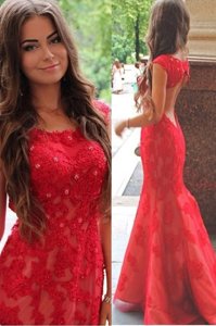 Mermaid Scoop With Train Backless Evening Gowns Red and In for Prom with Lace and Appliques Sweep Train