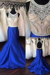 Fine Mermaid Scoop Sleeveless Sweep Train Backless Prom Gown Royal Blue Satin