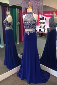 Most Popular Elastic Woven Satin High-neck Sleeveless Sweep Train Zipper Beading Evening Dress in Royal Blue