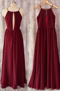 New Style A-line Prom Dresses Burgundy Spaghetti Straps Chiffon Sleeveless Floor Length Zipper