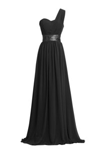 One Shoulder Sleeveless Zipper Floor Length Ruching and Belt Prom Dress