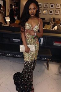 Mermaid Gold Sleeveless Satin Sweep Train Zipper Prom Evening Gown for Prom