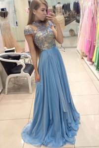 Scoop Cap Sleeves Evening Party Dresses With Train Sweep Train Beading Blue Organza