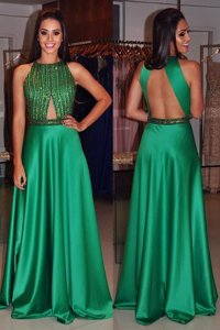 Scoop Sleeveless Prom Dress Floor Length Beading Green Satin