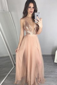 Stunning Peach Zipper V-neck Sequins and Pleated Dress for Prom Tulle Sleeveless