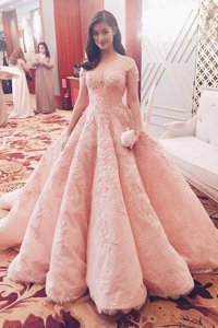 Pink A-line Lace Prom Gown Zipper Tulle Short Sleeves With Train