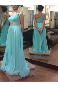 One Shoulder Baby Blue Sleeveless Beading and Sashes|ribbons Floor Length Pageant Dress for Girls