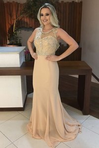 Deluxe Mermaid Scoop Sleeveless Sweep Train Backless Beading Prom Party Dress