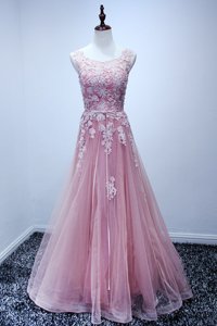 Pink Prom Dress Prom and For with Appliques Scoop Sleeveless Lace Up
