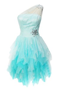One Shoulder Aqua Blue Sleeveless Tulle Side Zipper Cocktail Dress for Prom and Party