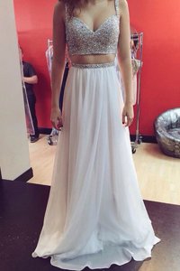 Classical White Column/Sheath Spaghetti Straps Sleeveless Elastic Woven Satin Floor Length Zipper Beading and Ruching Prom Dresses