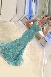 Top Selling Mermaid Turquoise Sleeveless Sweep Train Appliques With Train Evening Dress