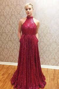 Halter Top Wine Red Sequined Zipper Prom Dress Sleeveless Floor Length Sequins