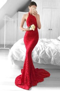 Super Sweep Train Mermaid Homecoming Dress Red Halter Top Lace Sleeveless Backless
